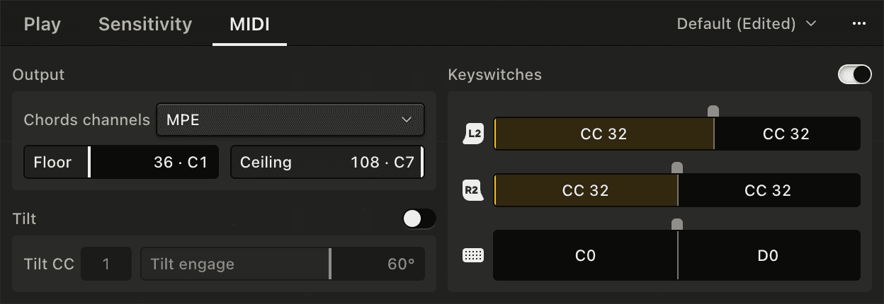 The Chords panel's MIDI tab, with keyswitch zones on the triggers and the touchpad