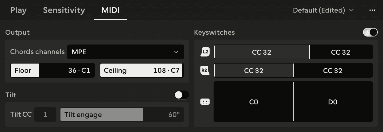 The Chords panel's MIDI tab, with keyswitch zones on the triggers and the touchpad