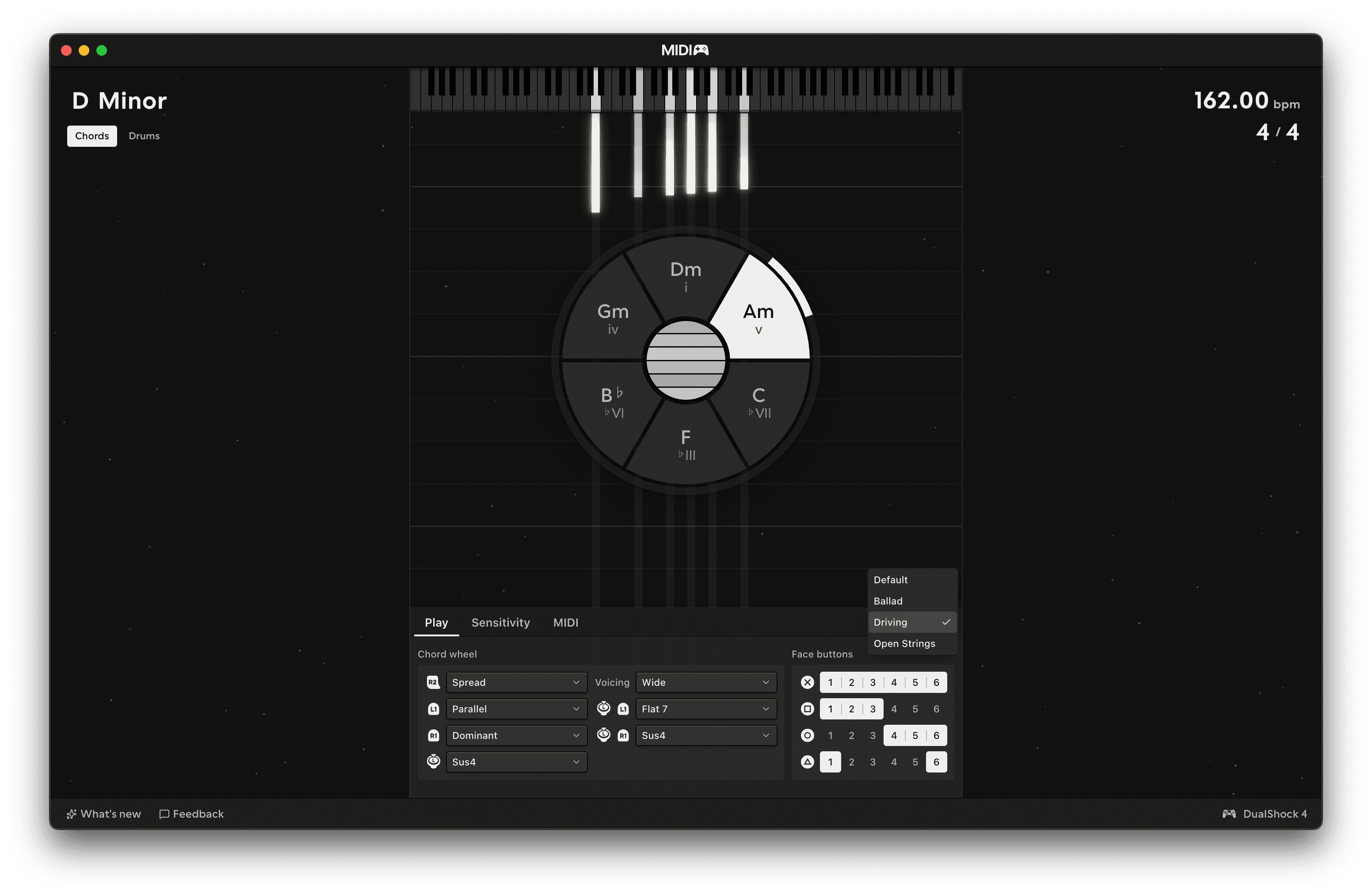 The Chords presets menu open, with three saved presets