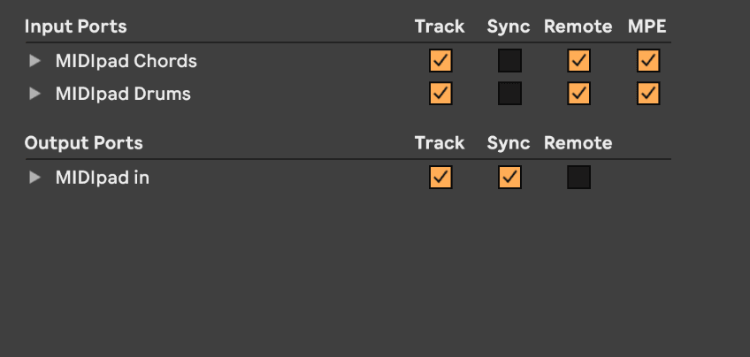 A DAW track with its MIDI input set to MIDIpad Chords