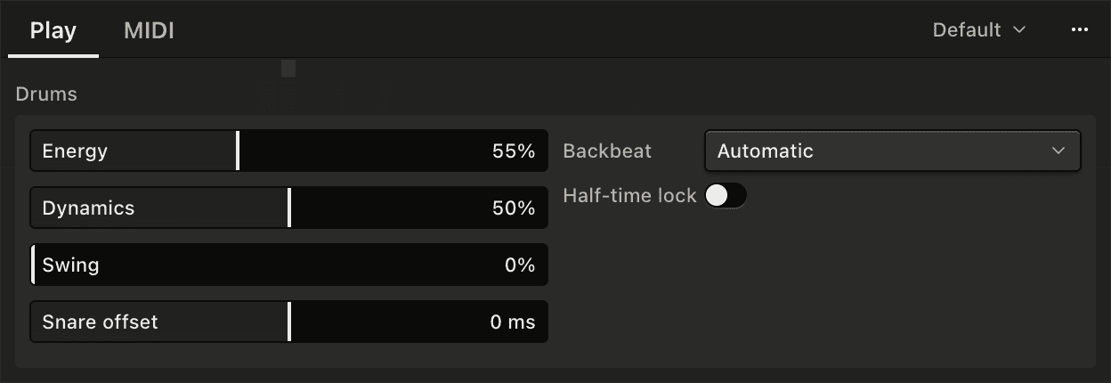 The Drums panel's Play tab