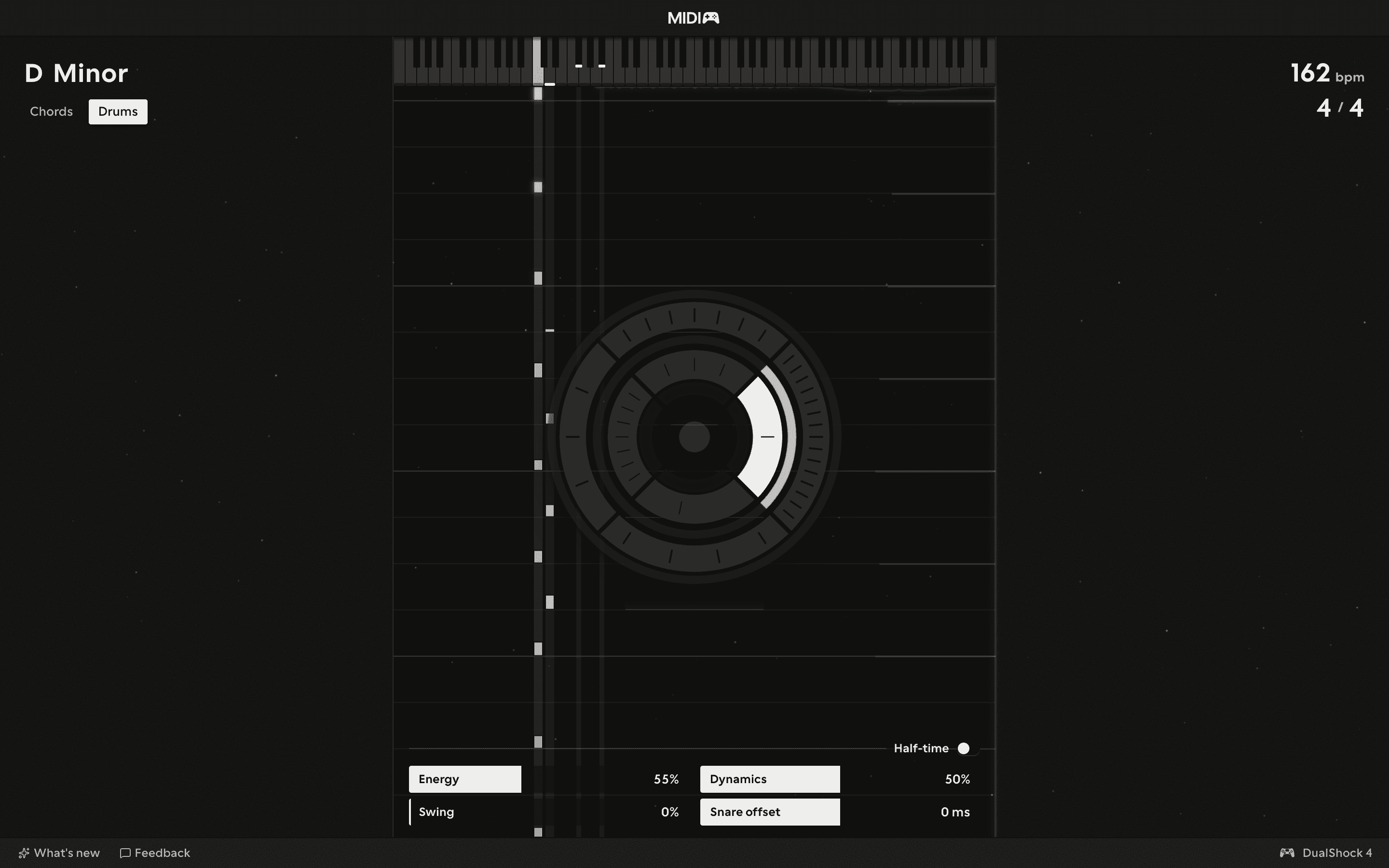 The Drums stage: the dial mid-groove, the kick and hats streaming