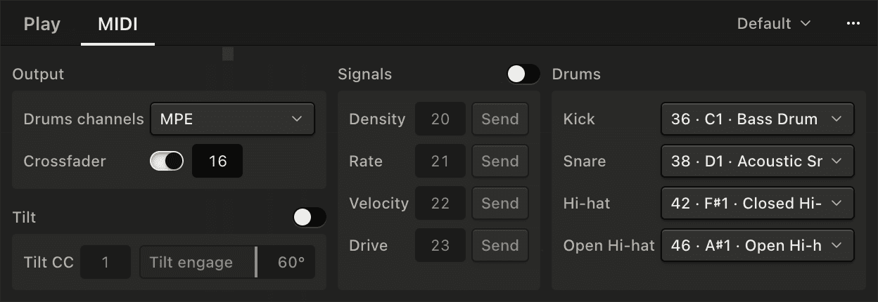 The Drums settings: the channels and the four drum notes