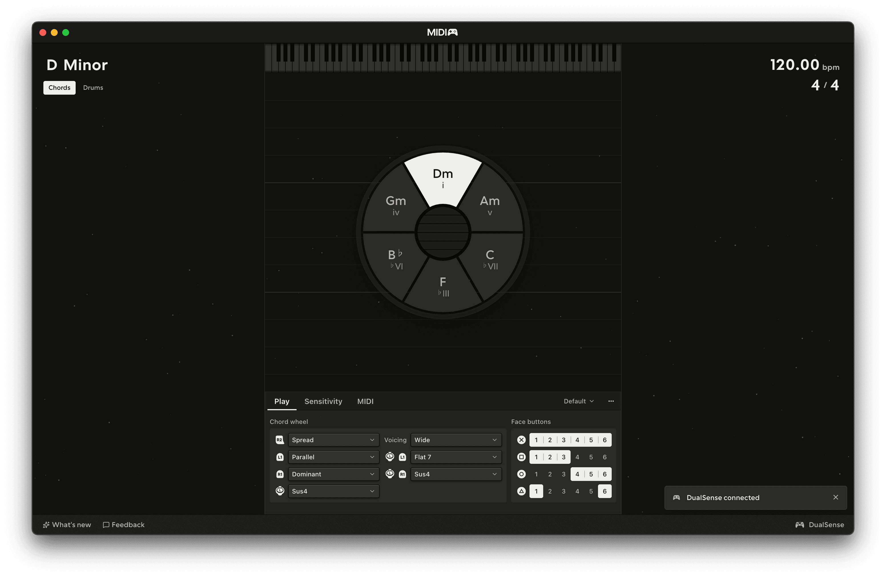 MIDIpad just opened, a DualSense connected and the wheel at rest