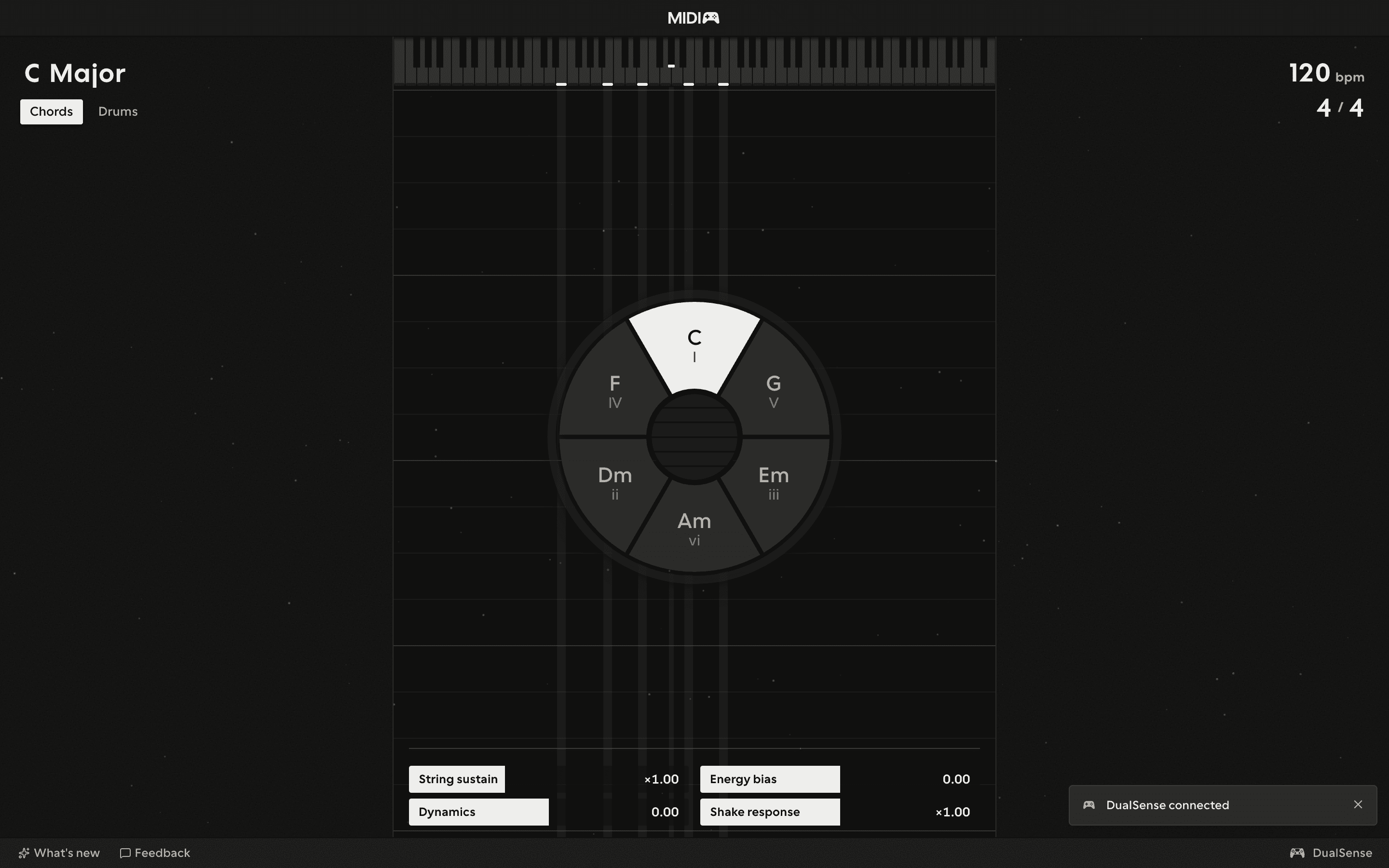 MIDIpad just opened, a DualSense connected and the wheel at rest