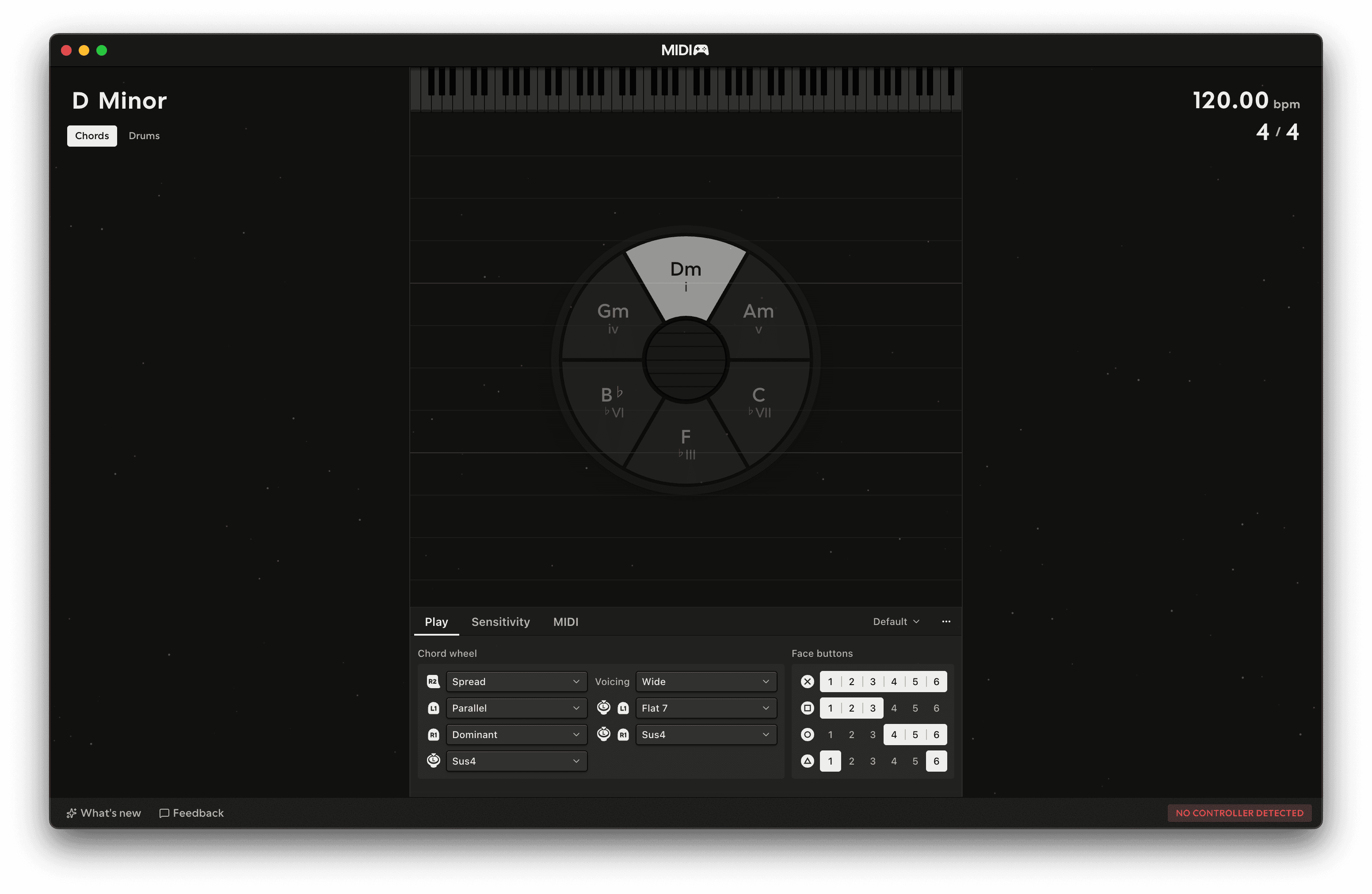 The MIDIpad window as it first opens, waiting for a controller
