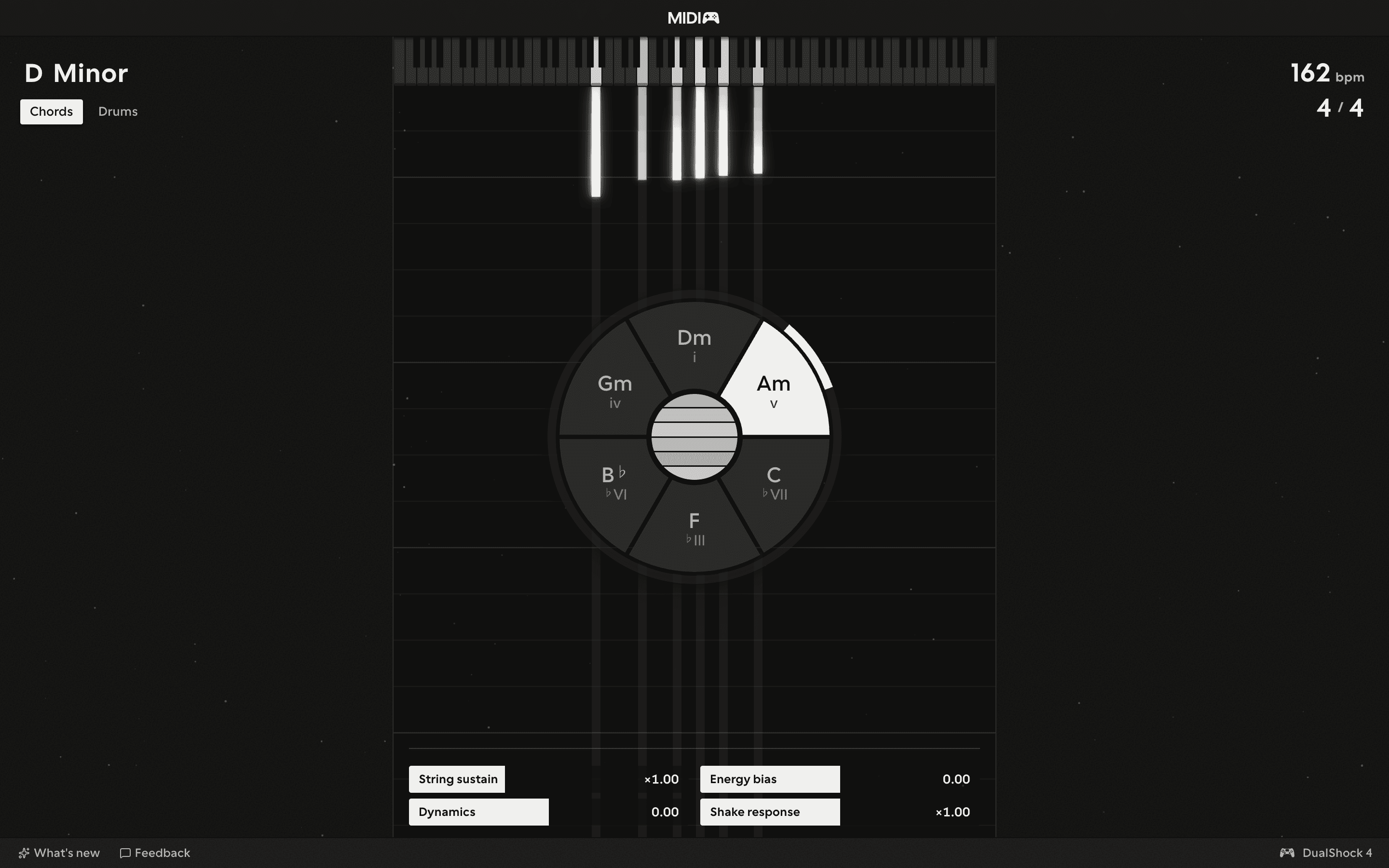 The MIDIpad window in the Default theme: Chords on stage with D minor armed, the key and tempo in the corners, the control band underneath