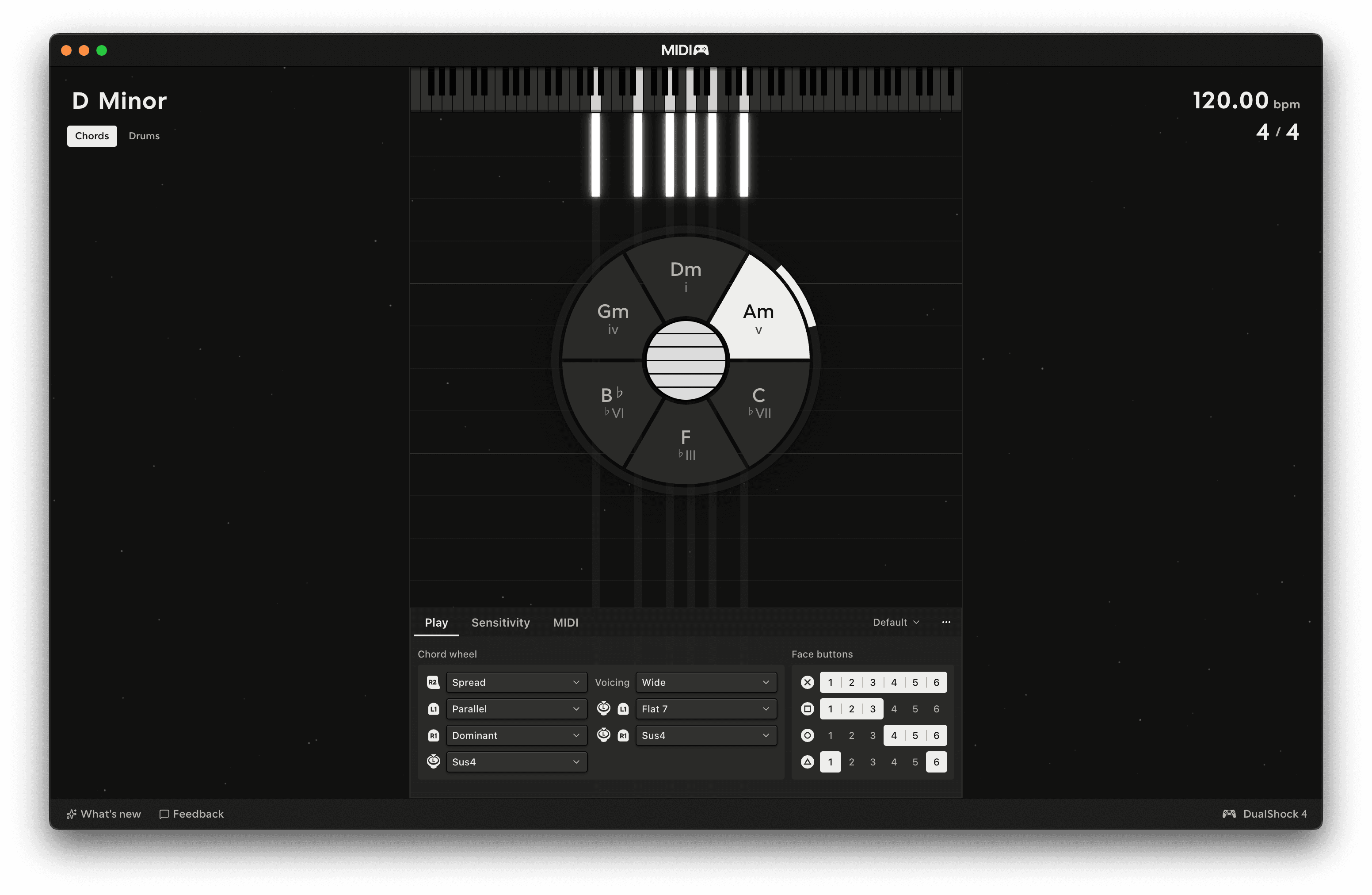 The MIDIpad window in the Default theme: Chords on stage with D minor armed, the key and tempo in the corners, the control band underneath