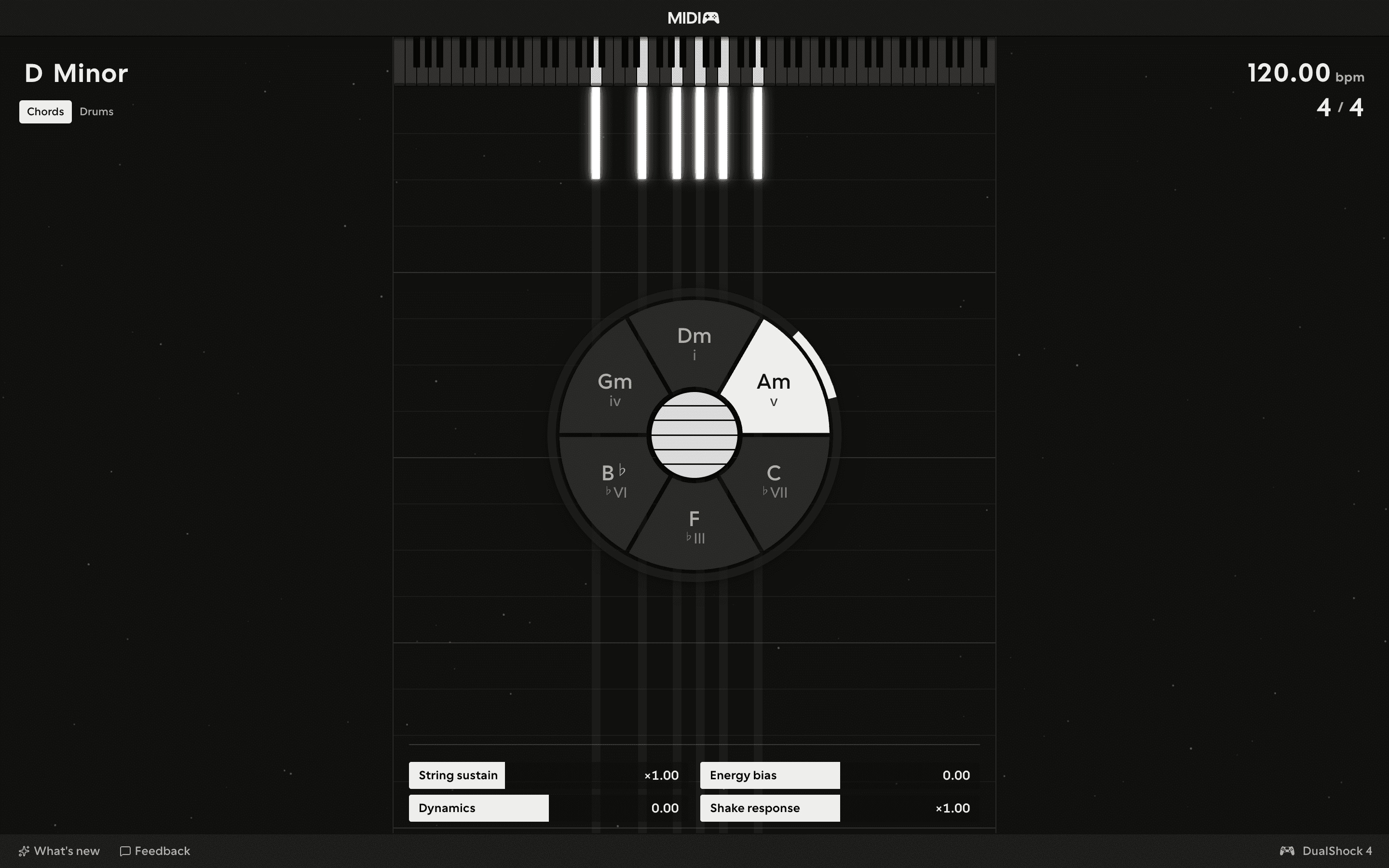 The MIDIpad window in the Default theme: Chords on stage with D minor armed, the key and tempo in the corners, the control band underneath