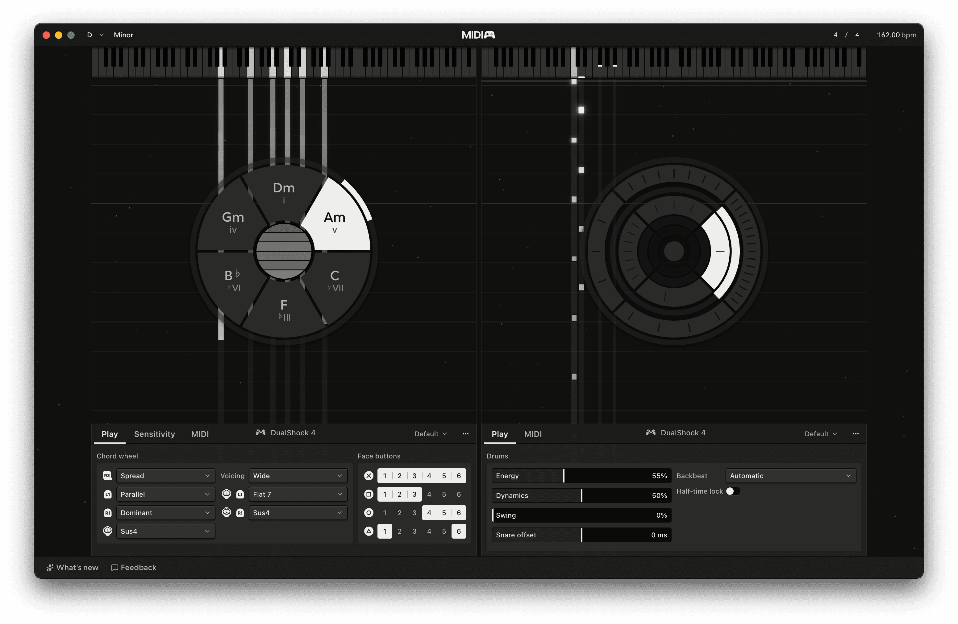 Multiplayer: Player 1 on Chords and Player 2 on Drums, side by side