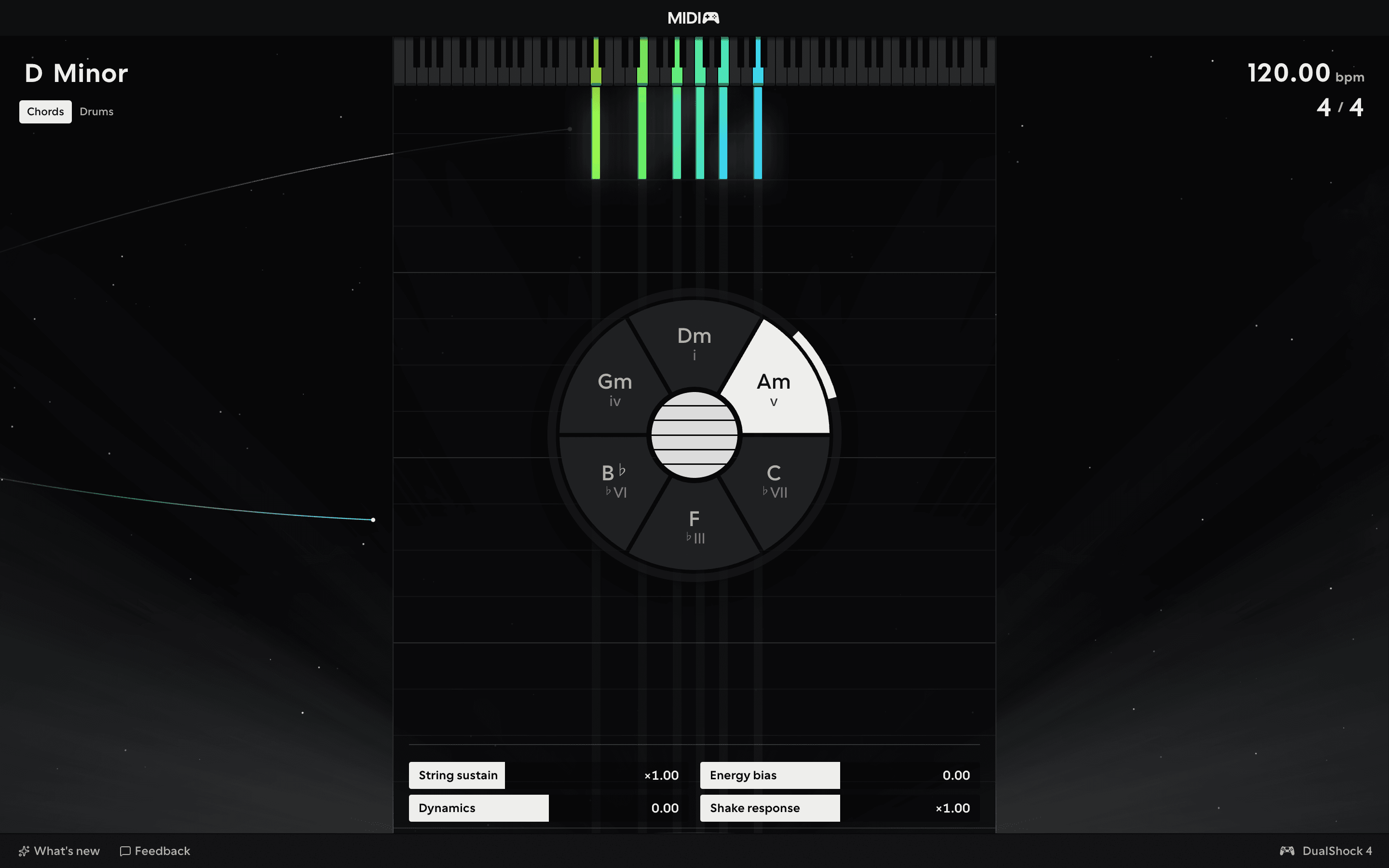 MIDIpad in the Space theme, a chord armed and the notes falling