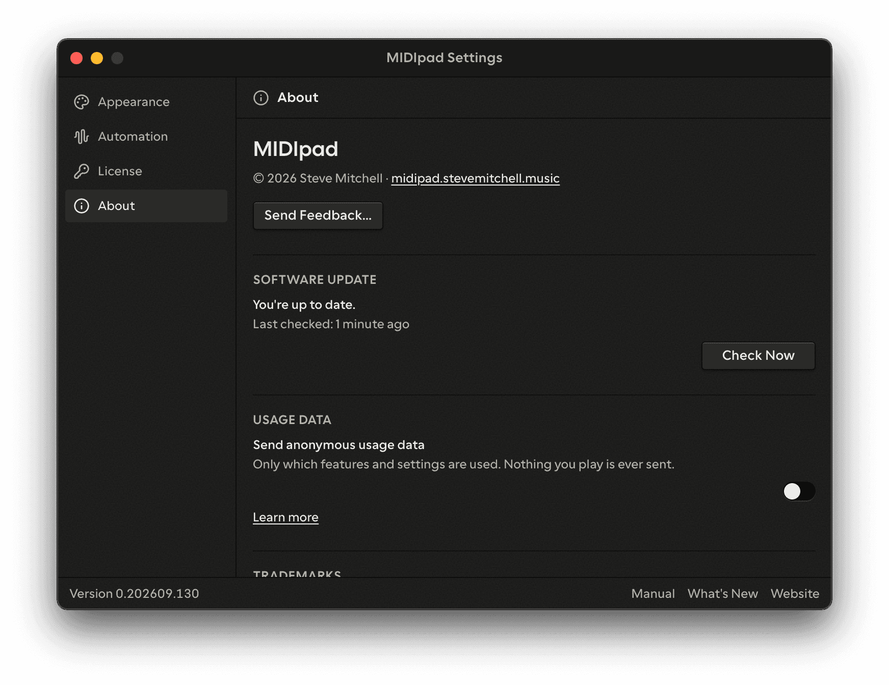 The settings window on the About pane