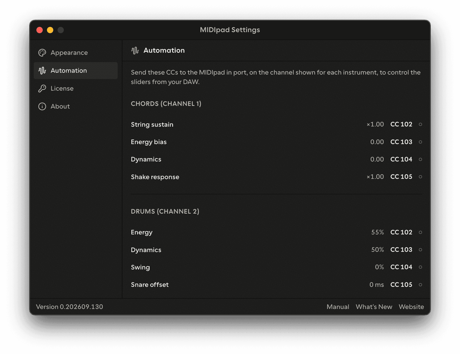 The settings window on the Automation pane
