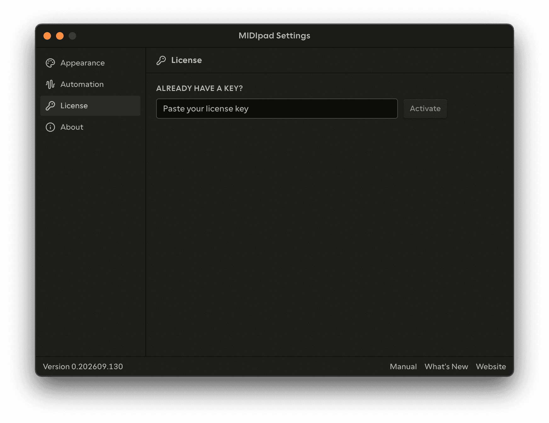 The settings window on the License pane