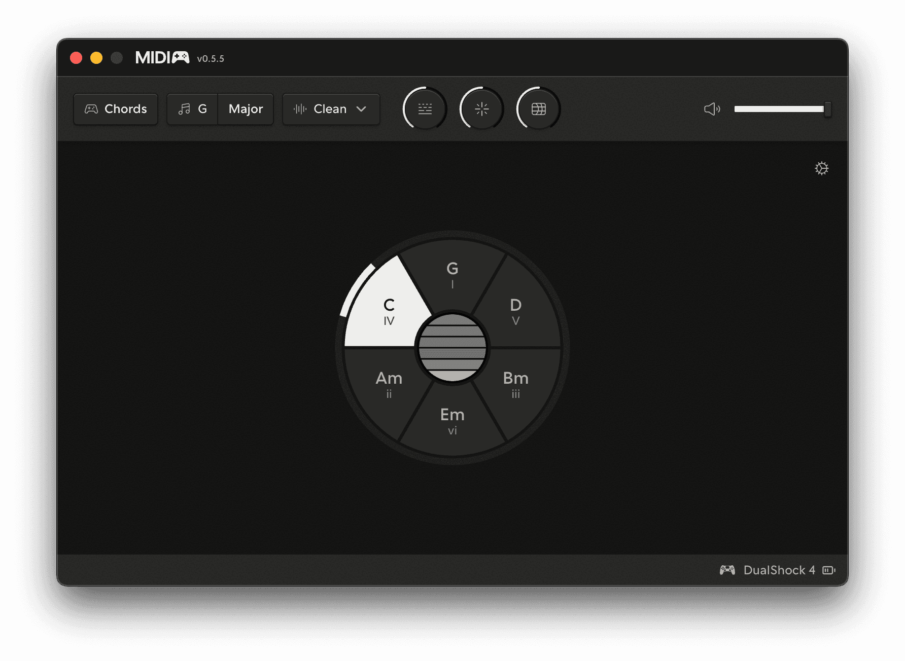 The MIDIpad window, chord wheel showing G major with C armed, a DualShock 4 connected