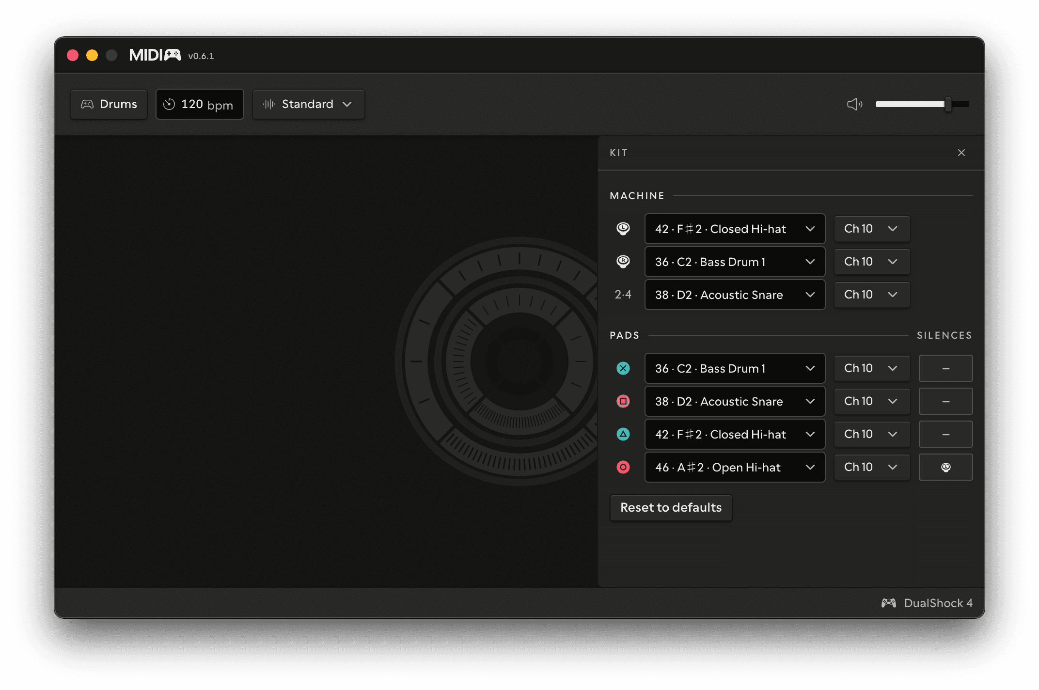 The Kit panel, one row per control