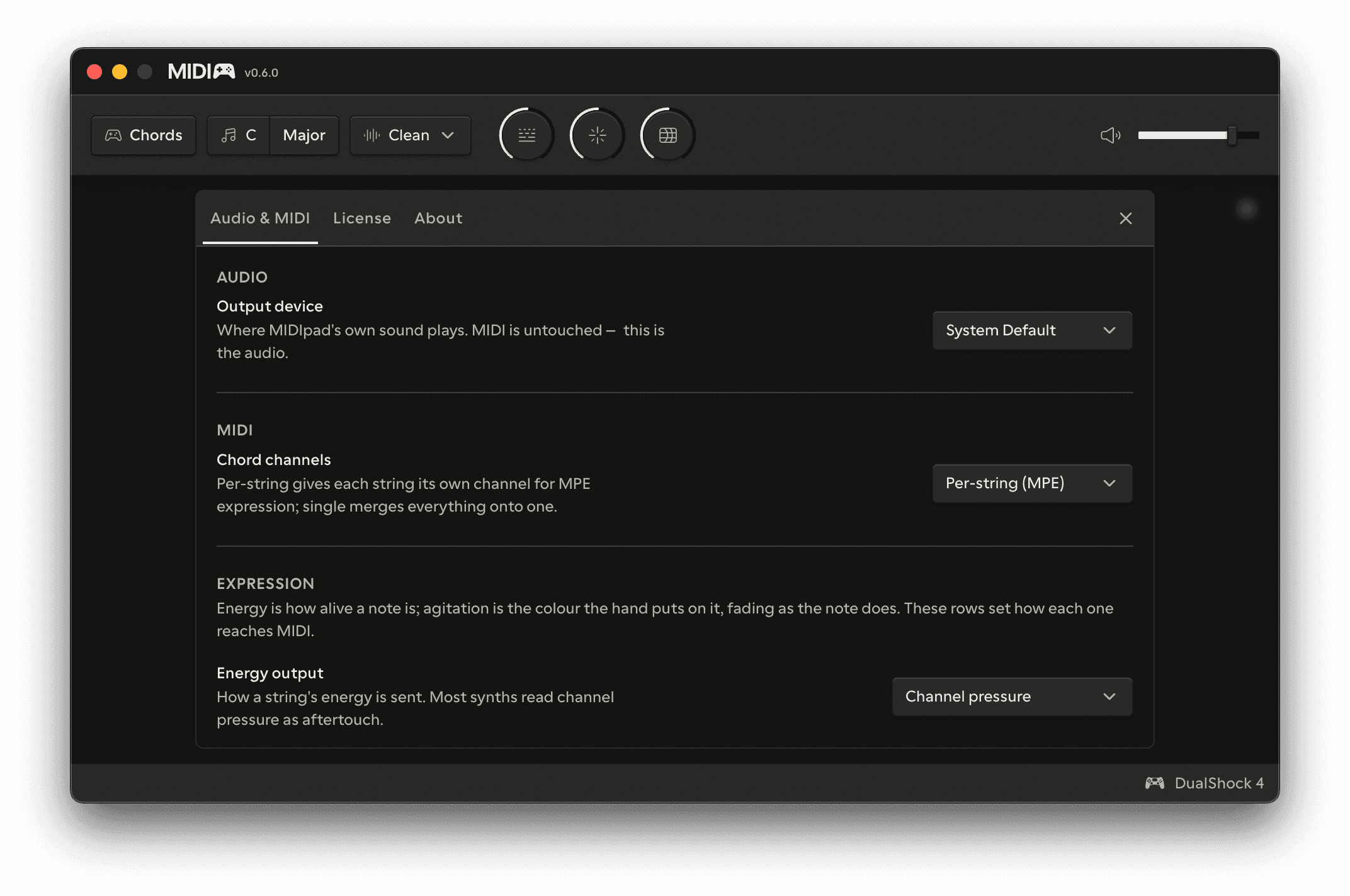 The settings dialog over the instrument