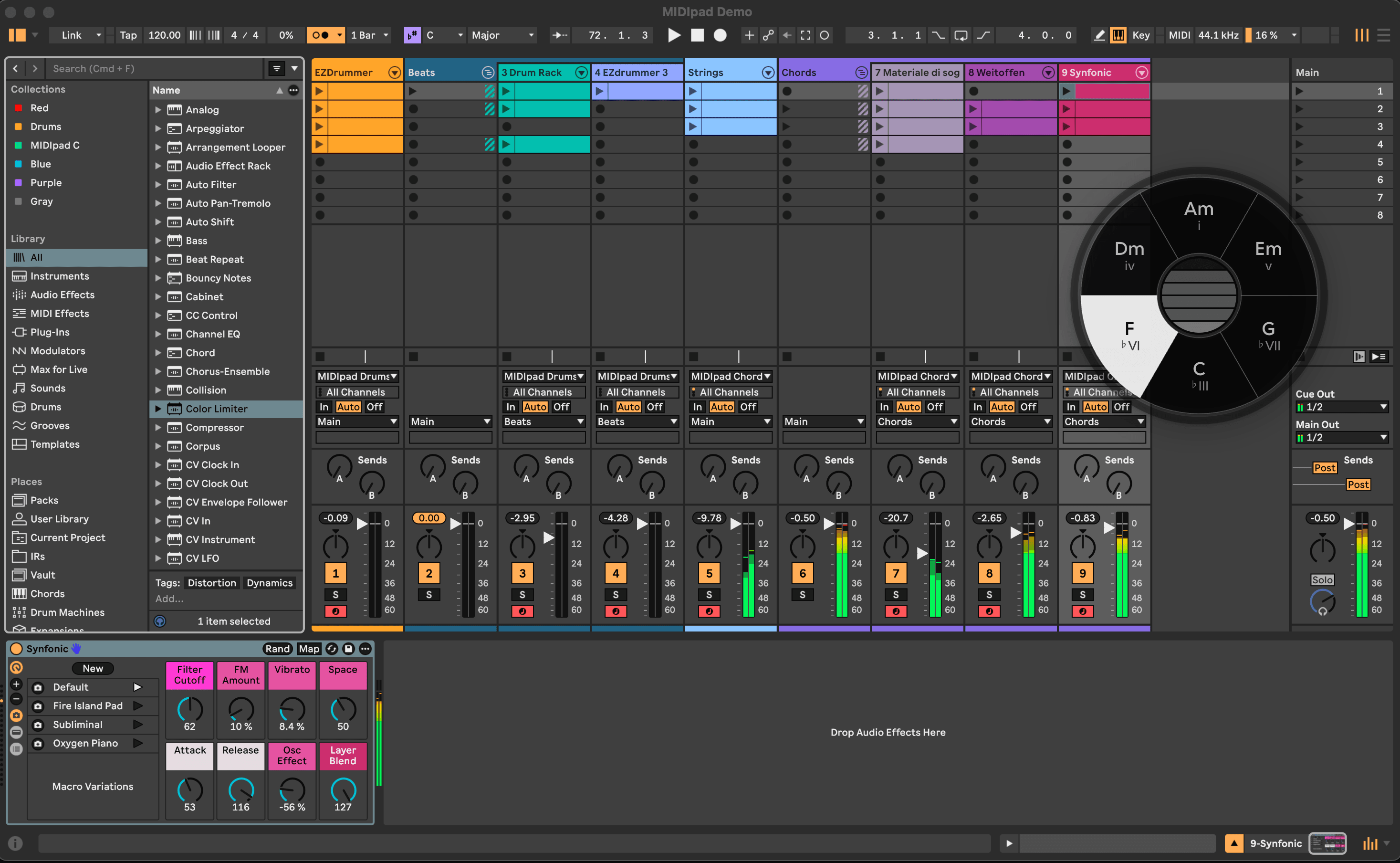 The Instrument Overlay floating over Ableton Live, a chord armed