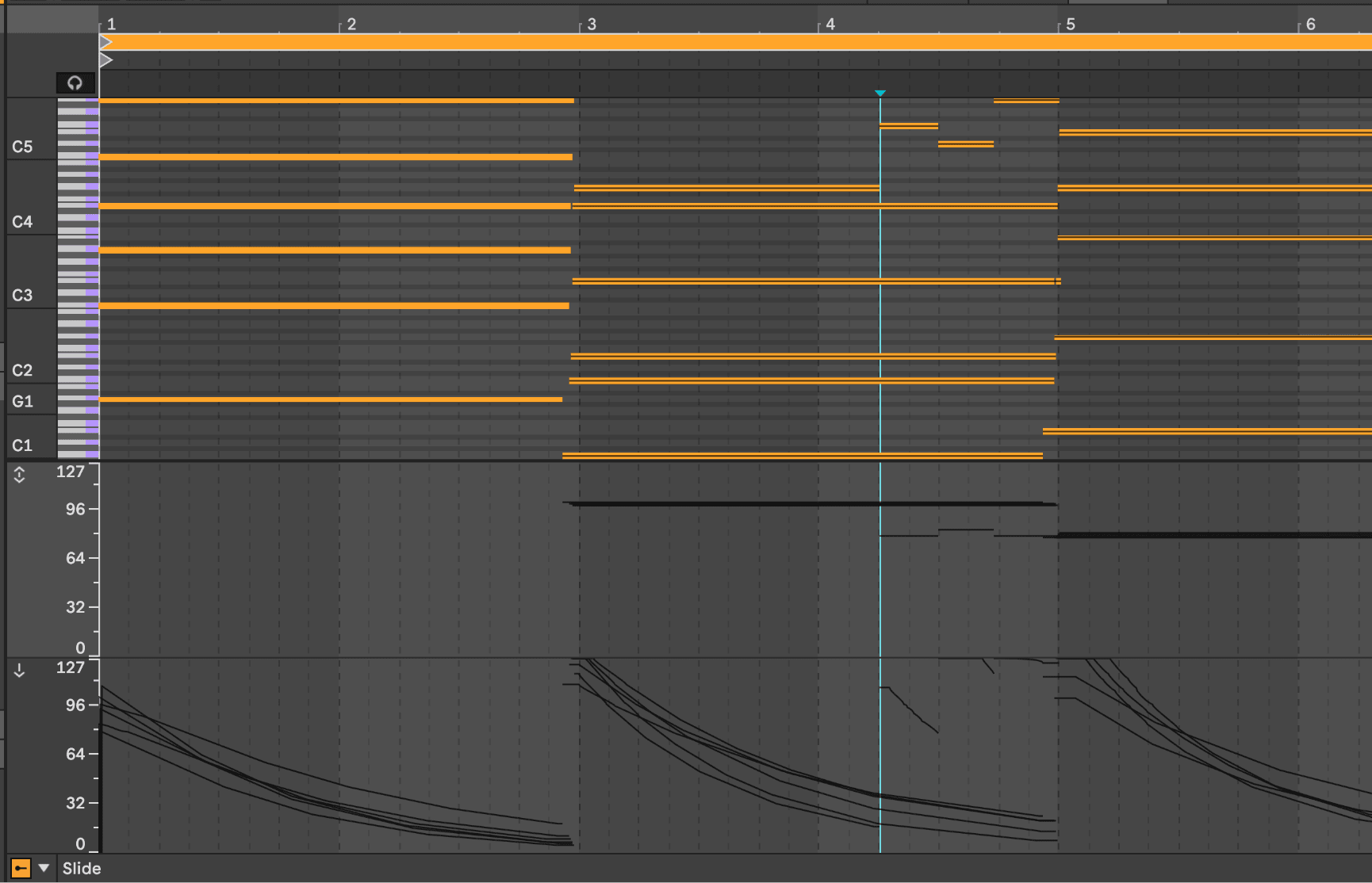 A DAW's per-note expression lanes after a strummed take