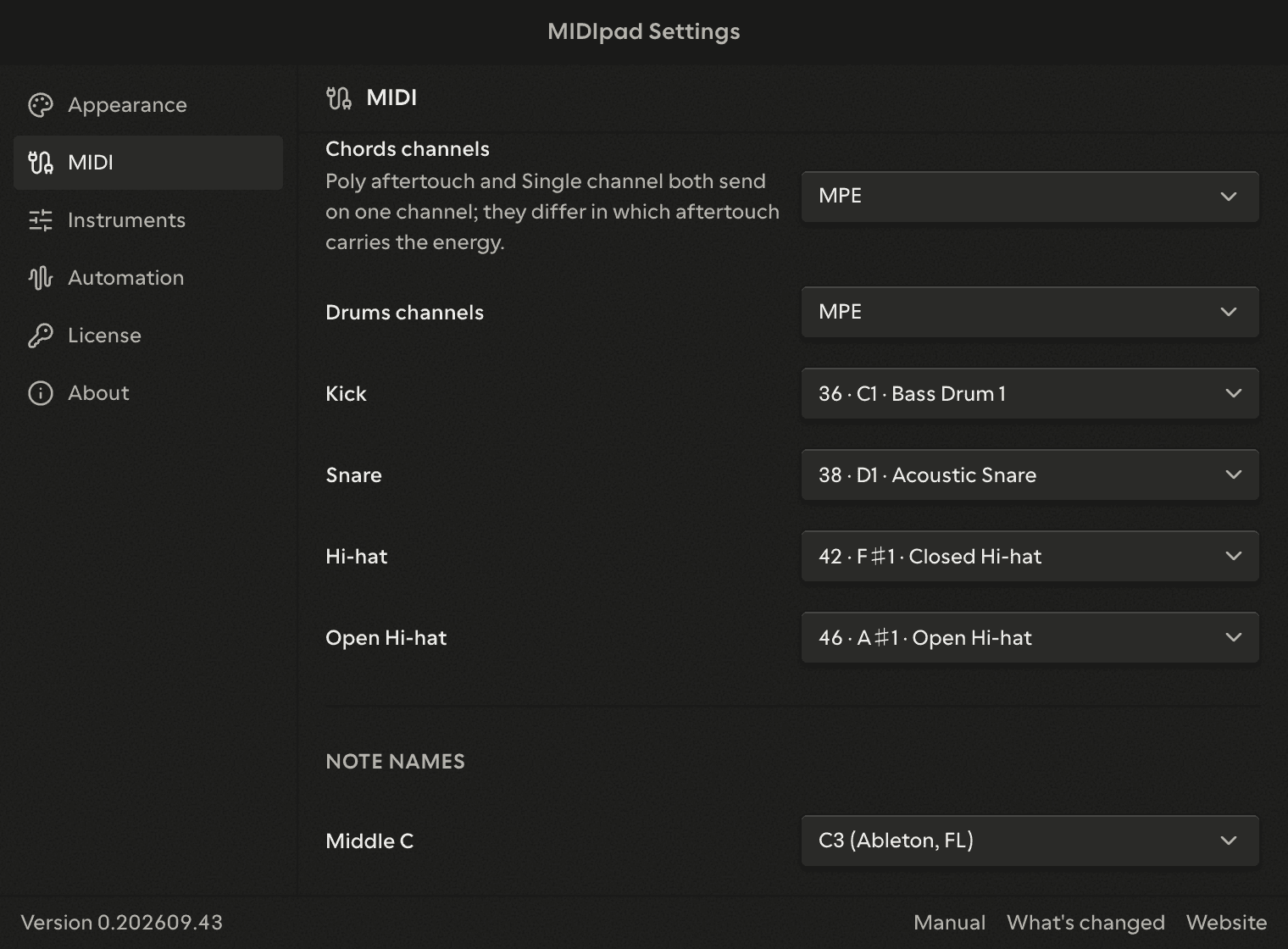 The Drums settings: the channels and the four drum notes