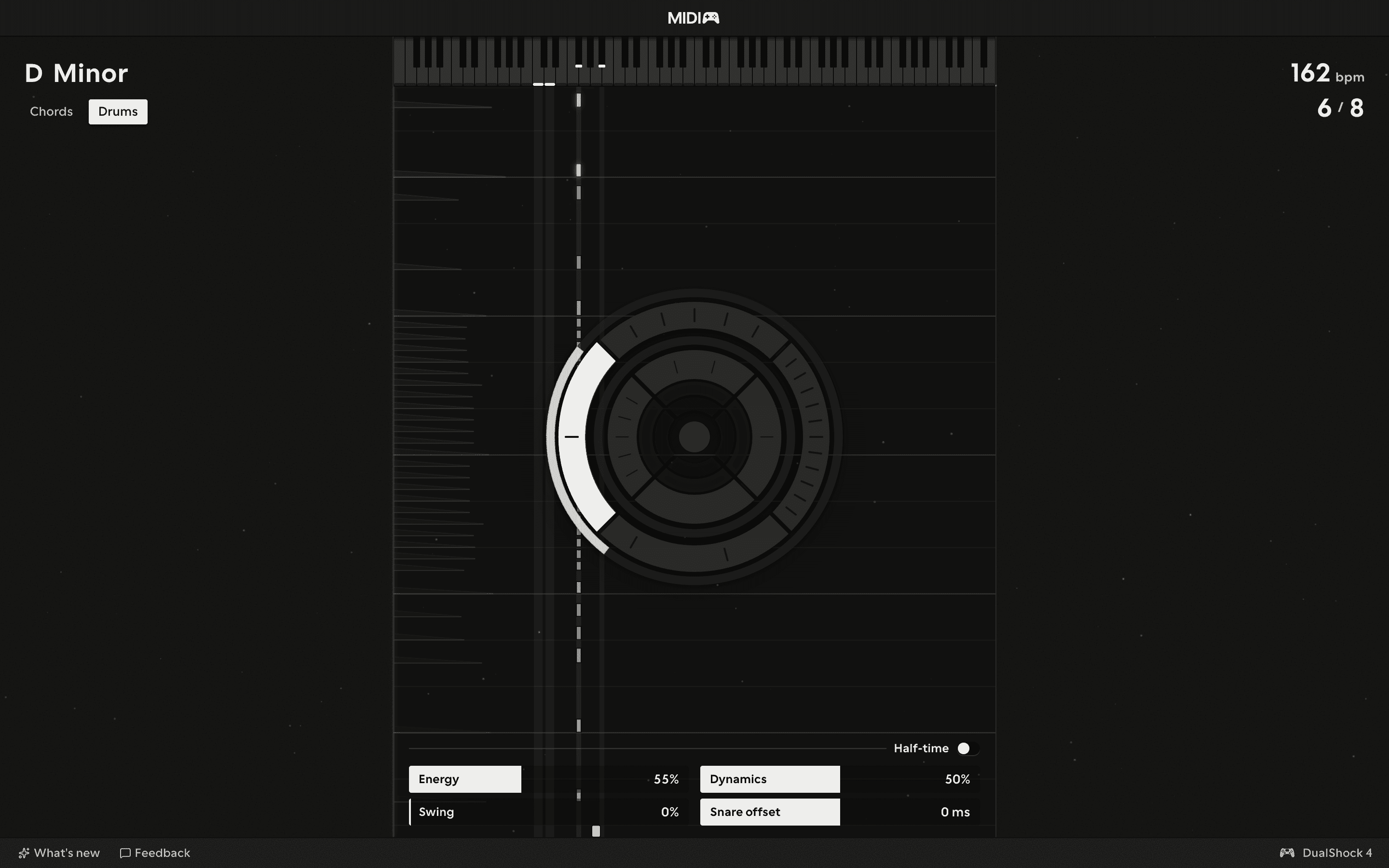 The drums dial in 6/8, the bar marked round the ring