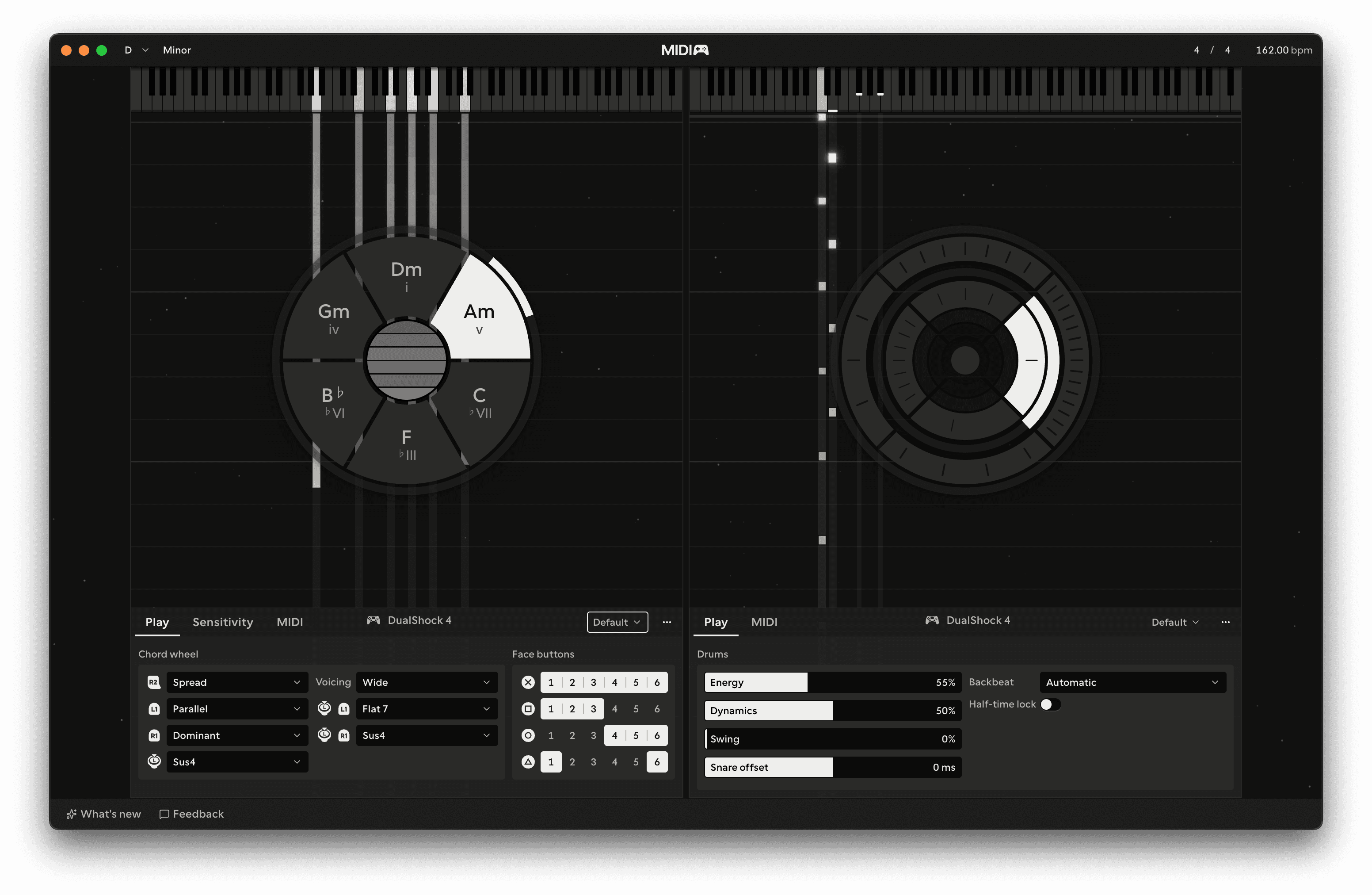 Multiplayer: Player 1 on Chords and Player 2 on Drums, side by side