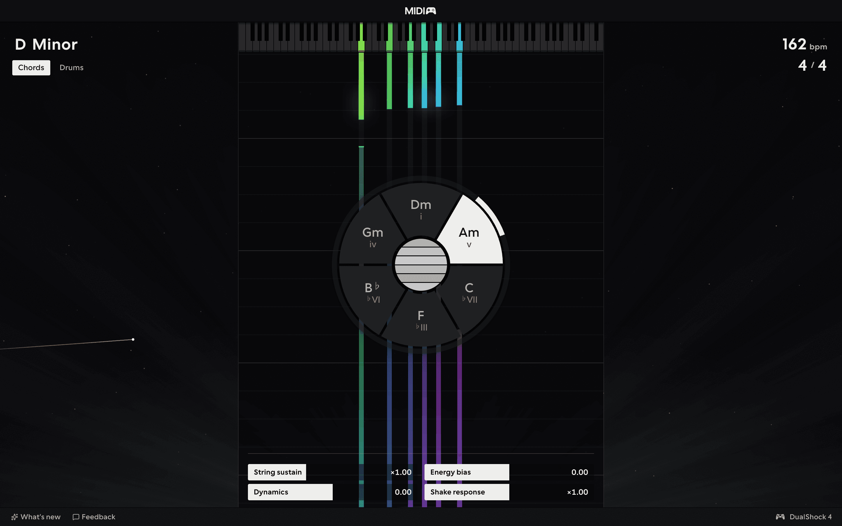 MIDIpad in the Space theme, a chord armed and the notes falling
